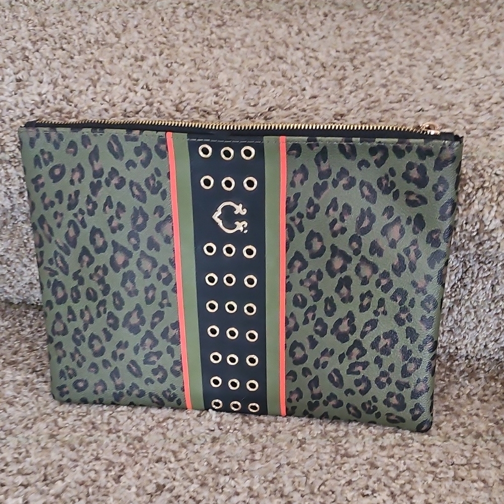 C Wonder Green Leopard Classic Stripe Clutch Cosmetic Zippered Pouch Bag